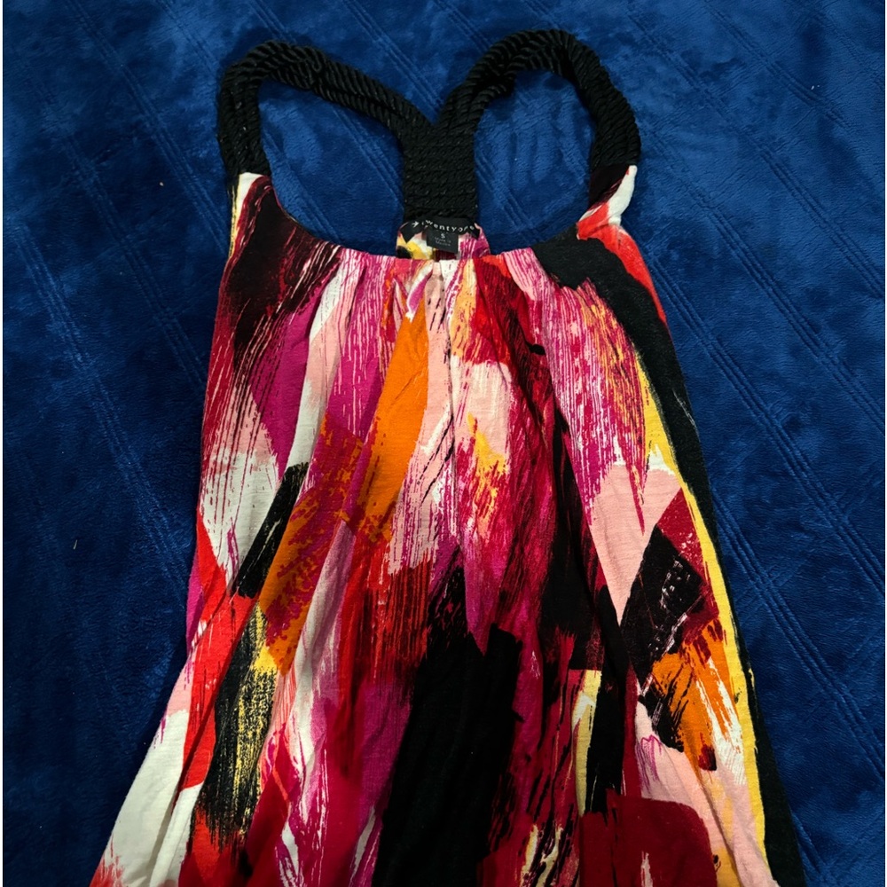 Women’s size S multicolored pretty tank top with black yarn cords as straps